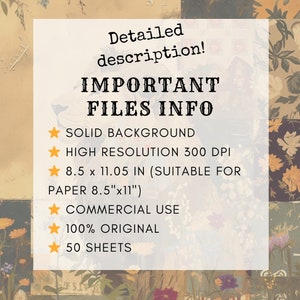 K&ouml;nnte beinhalten: Ein wei&szlig;er Textkasten mit schwarzem Text auf einem floralen Hintergrund. Der Text lautet "Detaillierte Beschreibung! WICHTIGE DATEIEN INFORMATIONEN" gefolgt von einer Liste mit Aufz&auml;hlungszeichen: "EINFARBIGER HINTERGRUND", "HOHE AUFL&Ouml;SUNG 300 DPI", "8,5 x 11,05 ZOLL (GEEIGNET F&Uuml;R PAPIER 8,5"x11")", "KOMMERZIELLE NUTZUNG", "100 % ORIGINAL", "50 BL&Auml;TTER".