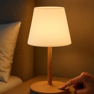 Cordless LED Table Lamp - Dimmable Wood Grain Night Light, Rechargeable nightstand