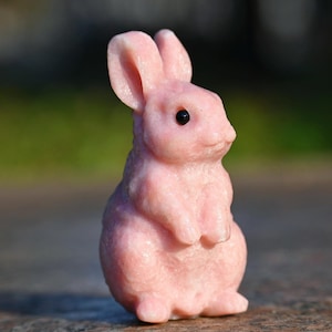 May include: A small, pink bunny figurine with black eyes and upright ears. The bunny is standing on its hind legs, with its front paws held close to its body. The figurine is made of a smooth material and has a slightly textured appearance.