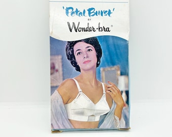 Vintage 1950s Wonderbra 'Petal Burst' Bullet BH aus weißem Satin Gr. 36A. New Old Stock Kopfplatte in Original Box, Mid Century Unterwäsche
