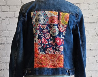 Upcycled stretch denim jacket with multi colored scarf applique