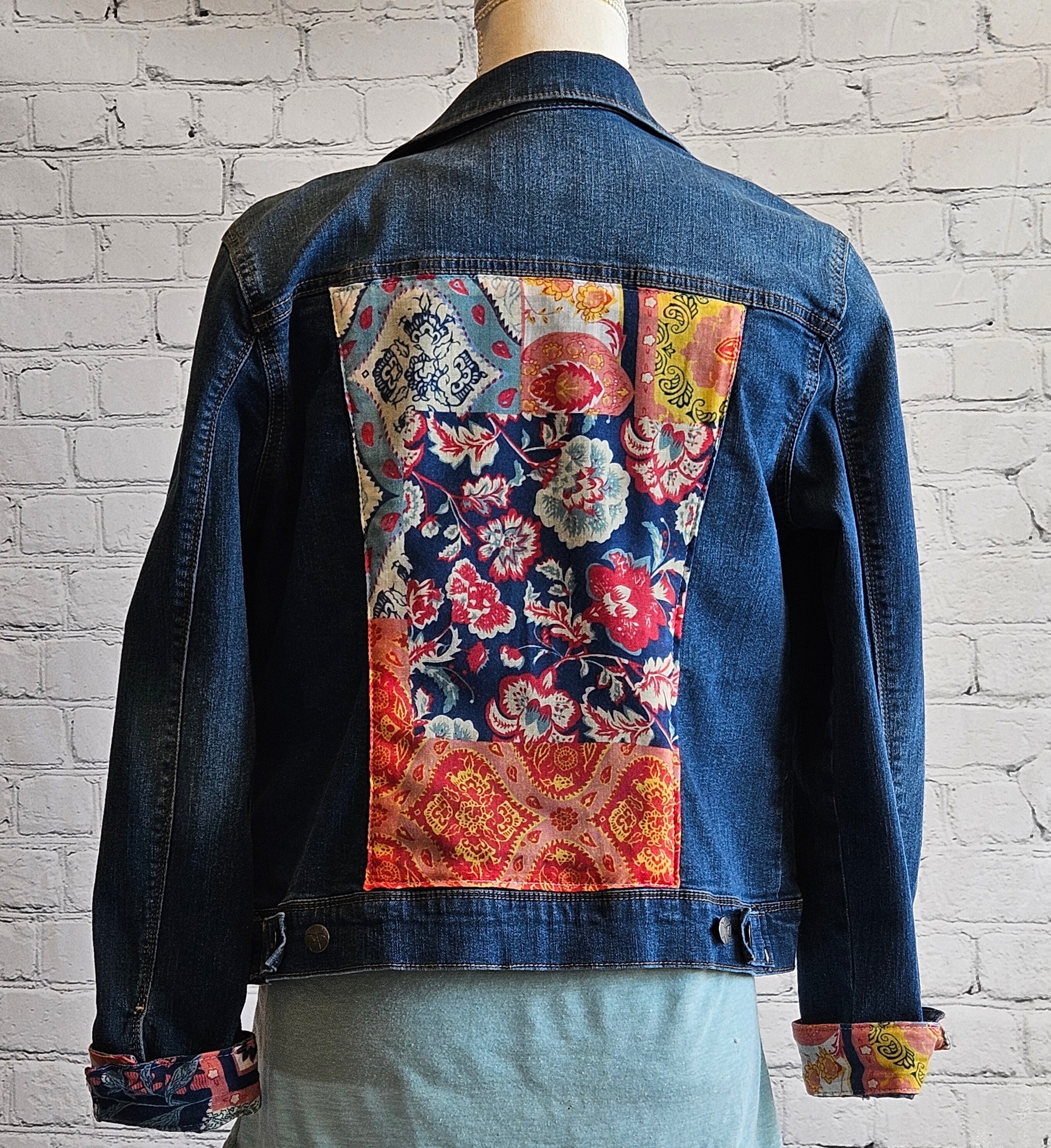 Upcycled Stretch Denim Jacket With Multi Colored Scarf