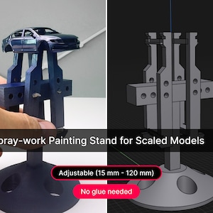 May include: A 3D printed adjustable painting stand for scaled models. The stand is made of black plastic and has a base with three legs. The stand is adjustable from 15 mm to 120 mm. The stand is designed to hold models in place while they are being painted. The stand is also designed to be easy to assemble and disassemble. The stand is shown with a small car model on top of it. The text "Spray-work Painting Stand for Scaled Models" is visible on the image. The text "Adjustable (15 mm - 120 mm)" is visible on the image. The text "No glue needed" is visible on the image.