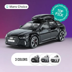 Puede incluir: Un modelo de coche Audi RS6 negro con baca. El coche tiene detalles precisos, incluido el logotipo de Audi y la insignia RS6. La imagen incluye el texto "Mans Choice" y "Top Pick for Gifts Collectors Choice". La imagen también muestra el coche en tres colores.