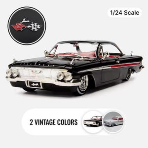 May include: A black 1960 Chevrolet Impala model car with red interior and a red stripe. The model is 1/24 scale. The image includes a badge with a deer and checkered flags, and the text "2 Vintage Colors".