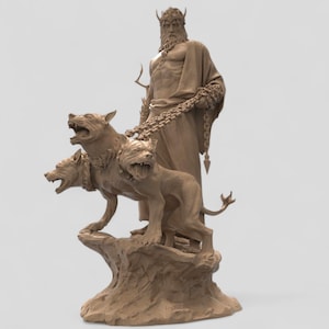 May include: A detailed sculpture of a mythological figure with a trident crown, holding chains connected to a three-headed dog. The statue is a light brown colour and stands on a rocky base. The dog has three snarling heads.