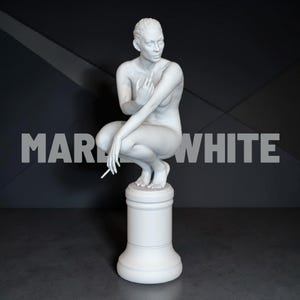 May include: A white sculpture of a person in a squatting position, holding a cigarette. The sculpture is mounted on a cylindrical pedestal. The text "MARK WHITE" is displayed in large, white letters.