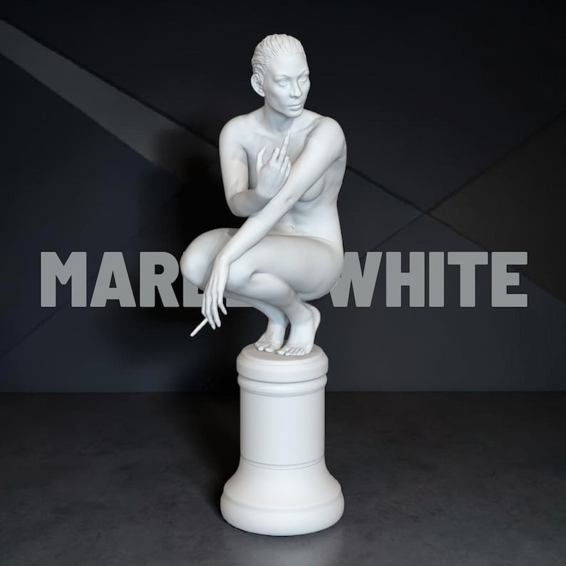 May include: A white sculpture of a person in a squatting position, holding a cigarette. The sculpture is mounted on a cylindrical pedestal. The text "MARK WHITE" is displayed in large, white letters.