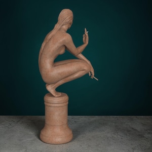 Rebellious Thinker statue featuring a nude feminine figure crouched on a round pedestal, holding a cigarette and making a bold hand gesture, with a calm, defiant expression and contemporary art styling.