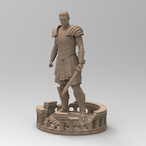 May include: A tan-colored statue of a Roman soldier holding a sword, standing on a circular platform with architectural details. The soldier wears armor and a short skirt. The statue is a detailed representation of a historical figure.