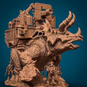 May include: A detailed brown sculpture of a Triceratops-like creature with a large mechanical structure on its back. The structure includes a cannon, crane, and various mechanical components. Two miniature figures stand near the creature, suggesting a fantasy or sci-fi theme.