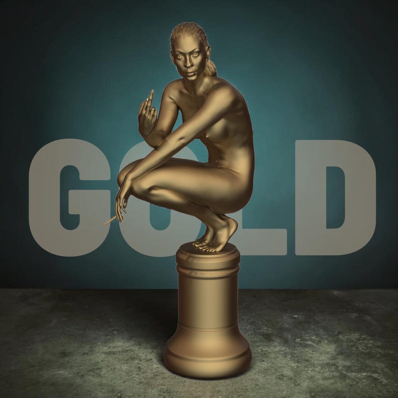 Rebellious Thinker statue featuring a nude feminine figure crouched on a round pedestal, holding a cigarette and making a bold hand gesture, with a calm, defiant expression and contemporary art styling.
