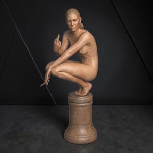 Rebellious Thinker statue featuring a nude feminine figure crouched on a round pedestal, holding a cigarette and making a bold hand gesture, with a calm, defiant expression and contemporary art styling.