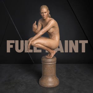 Rebellious Thinker statue featuring a nude feminine figure crouched on a round pedestal, holding a cigarette and making a bold hand gesture, with a calm, defiant expression and contemporary art styling.