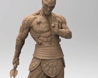 May include: A detailed clay sculpture of a warrior figure with a cracked, textured surface. The figure is wearing a belt and pants, and is holding a sword in one hand.