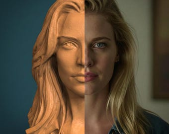 May include: A split image showing a sculpted bust of a woman's face next to the face of a real woman. The bust is a light brown color, while the woman has blonde hair and blue eyes. The background is a teal color on the bust side and a neutral color on the woman's side.