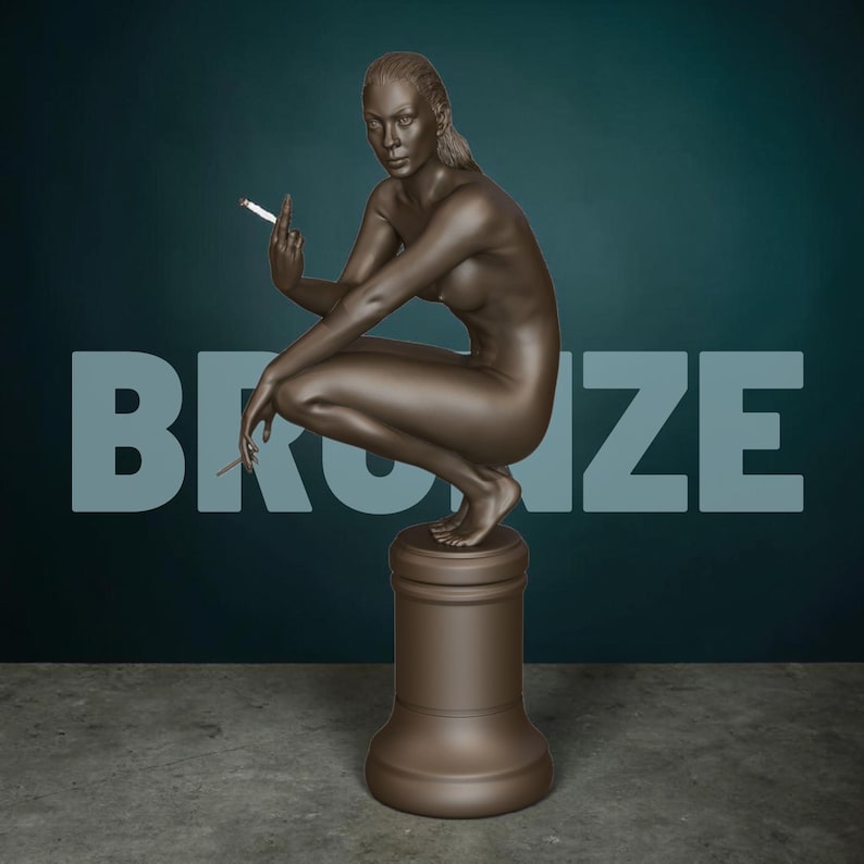 Rebellious Thinker statue featuring a nude feminine figure crouched on a round pedestal, holding a cigarette and making a bold hand gesture, with a calm, defiant expression and contemporary art styling.