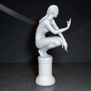 Rebellious Thinker statue featuring a nude feminine figure crouched on a round pedestal, holding a cigarette and making a bold hand gesture, with a calm, defiant expression and contemporary art styling.