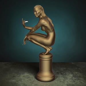 Rebellious Thinker statue featuring a nude feminine figure crouched on a round pedestal, holding a cigarette and making a bold hand gesture, with a calm, defiant expression and contemporary art styling.