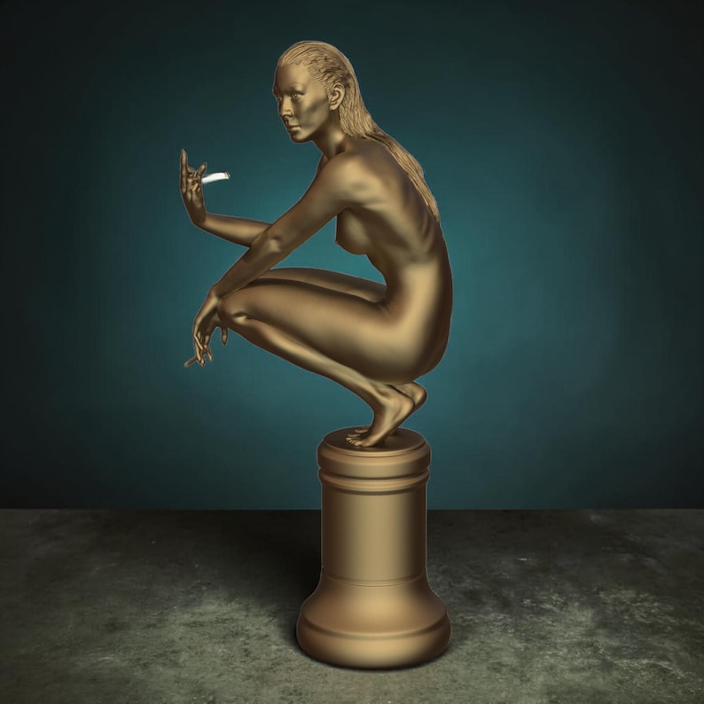 Rebellious Thinker statue featuring a nude feminine figure crouched on a round pedestal, holding a cigarette and making a bold hand gesture, with a calm, defiant expression and contemporary art styling.