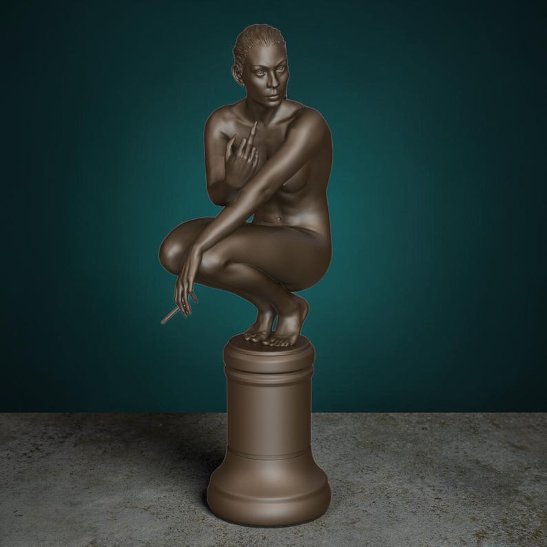 Rebellious Thinker statue featuring a nude feminine figure crouched on a round pedestal, holding a cigarette and making a bold hand gesture, with a calm, defiant expression and contemporary art styling.