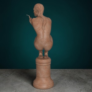 Rebellious Thinker statue featuring a nude feminine figure crouched on a round pedestal, holding a cigarette and making a bold hand gesture, with a calm, defiant expression and contemporary art styling.