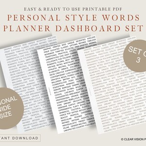 May include: A set of three printable planner dashboard cards with style words in a minimalist design. The cards feature text like "Bohemian," "Eclectic," and "Trendy" in a modern font, perfect for organizing.