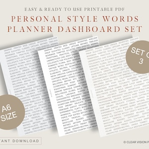 May include: Printable PDF planner dashboard set with personal style words in a neutral color palette. Includes three A6 size sheets with words like "bohemian," "vintage," and "eclectic." Instant download.