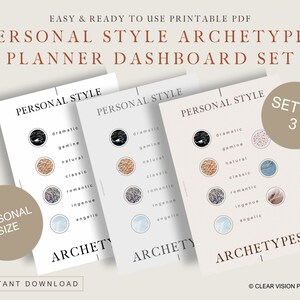 May include: A set of three printable PDF planner dashboard cards with the text "PERSONAL STYLE ARCHETYPES". Each card features a different design with the words "dramatic", "gamine", "natural", "classic", "romantic", "ingenue", and "angelic". The cards are white with a beige background.