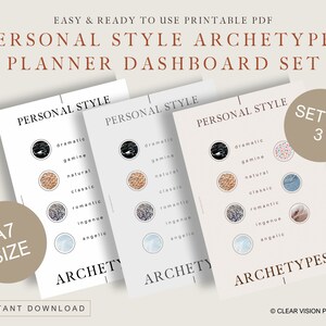 May include: A set of three printable planner dashboard cards with the text "Personal Style Archetypes." Each card features a design with circles and the words "dramatic," "gamine," "natural," "classic," "romantic," "ingenue," and "angelic."