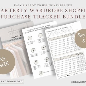 May include: Printable PDF bundle for quarterly wardrobe shopping. Includes a purchase tracker and questions to reflect on purchases. The A5 size bundle is an instant download and includes a set of 5.