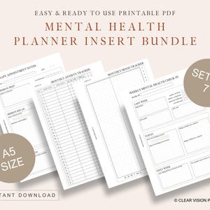 Può includere: Set di inserti per planner di salute mentale stampabili in formato A5 con sette pagine. Le pagine includono una pagina per le note degli appuntamenti di terapia, un tracker mensile dell'ansia, un tracker mensile dell'umore e una pagina di controllo settimanale della salute mentale.