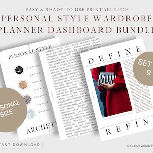 May include: Printable PDF personal style wardrobe planner dashboard bundle. The design includes pages with text such as "Personal Style" and "Define". The image also includes a circle that says "Personal Size" and another that says "Set of 9".