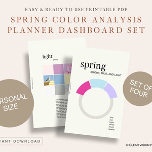 Puede incluir: Conjunto de panel de control de planificador PDF imprimible para el análisis de color de primavera. El conjunto incluye cuatro elementos, con las palabras "spring" y "light" en las páginas. La paleta de colores incluye rosa, azul y morado.
