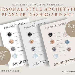 Puede incluir: Un conjunto de tres conjuntos de paneles de control de planificador PDF imprimibles. Cada hoja presenta las palabras "Personal Style" y "Archetypes" con varias categorías de estilo. El texto "Easy & Ready to Use Printable PDF" está en la parte superior.
