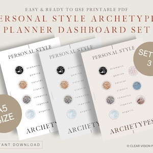 May include: A set of three printable PDF planner dashboard sets. Each sheet features the words "Personal Style" and "Archetypes", with a list of style categories and decorative circles. The A5 size is indicated.