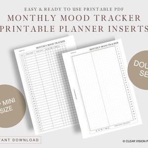 May include: Two white printable planner inserts with the text "MONTHLY MOOD TRACKER" and grid lines. The inserts are labeled "HP MINI SIZE" and "DOUBLE SET". The text "EASY & READY TO USE PRINTABLE PDF" and "INSTANT DOWNLOAD" are also visible.