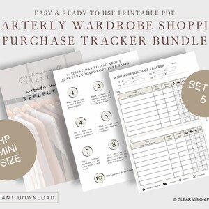 May include: A printable PDF bundle with a quarterly wardrobe shopping purchase tracker. The bundle includes a set of five pages with questions and a tracker to monitor purchases. The text includes "Easy & Ready to Use Printable PDF" and "Instant Download."