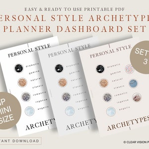 Puede incluir: Conjunto de paneles de control de planificador PDF imprimibles con arquetipos de estilo personal. El conjunto incluye tres tarjetas con varios elementos de diseño y el texto "Personal Style" y "Archetypes". Las tarjetas están etiquetadas como "HP Mini Size" y "Set of 3".
