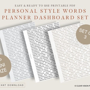 Puede incluir: Un conjunto de paneles de control de planificador PDF imprimibles con "Personal Style Words". El conjunto incluye tres tarjetas con palabras como "Bohemian", "Trendy" y "Elegant" en una fuente elegante. Diseñado para planificadores de tamaño HP Mini.