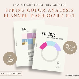 May include: Two printable PDF planner dashboards. One features the word "light" with a color palette and a bird image. The other says "spring" with a color wheel and the text "Bright, True, and Light." The set is A7 size.