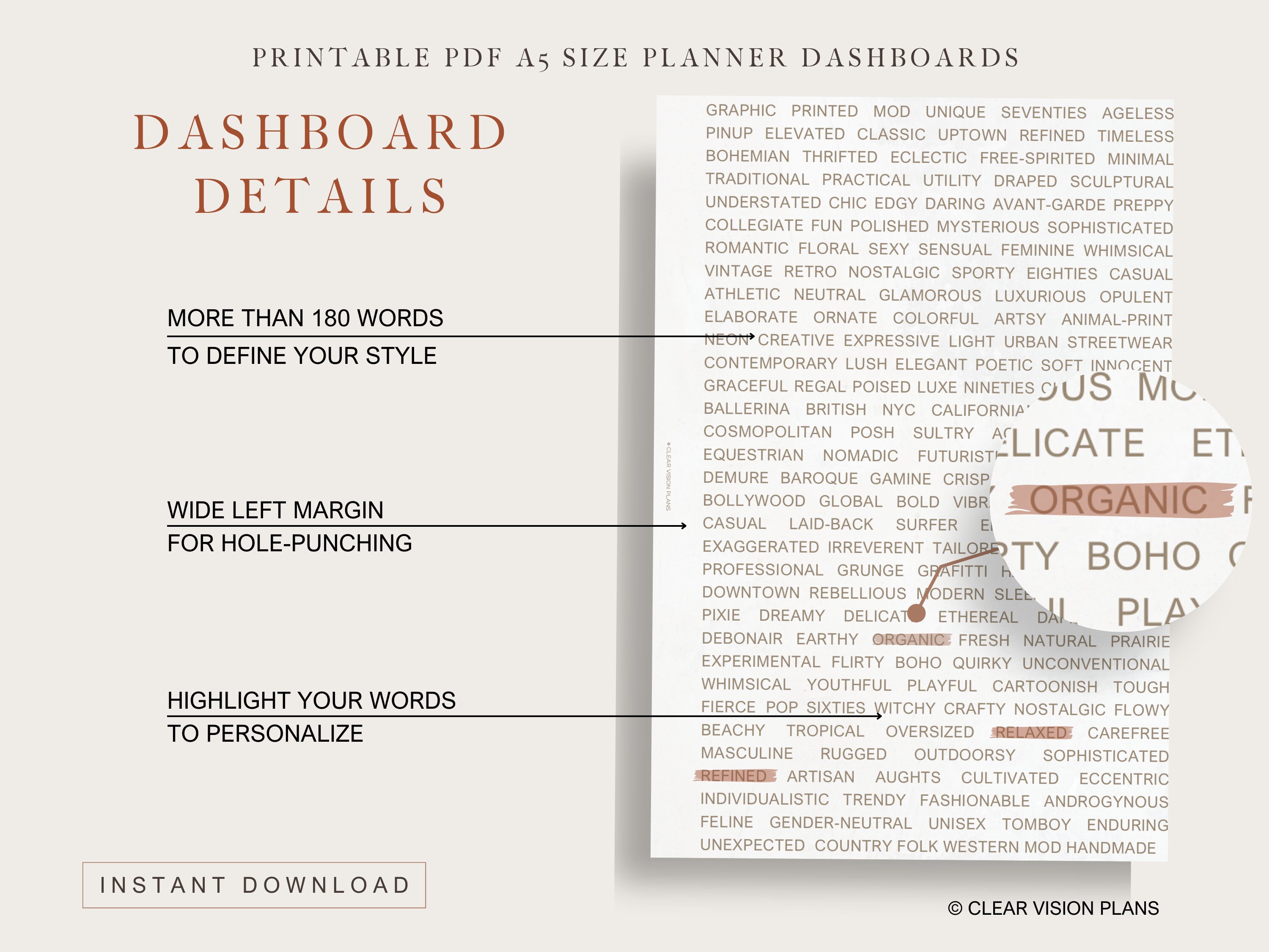 A5 PRINTABLE 3-word Method Personal Style Digital Dashboard Insert | A5 ...