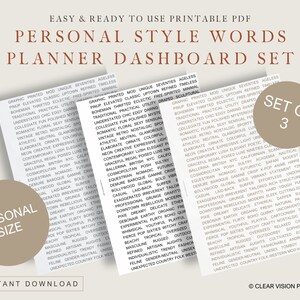 May include: A set of three printable planner dashboard inserts with a neutral color palette. Each insert features a list of style words in a modern font, including words like "bohemian," "eclectic," and "vintage." The set is labeled "Personal Style Words."