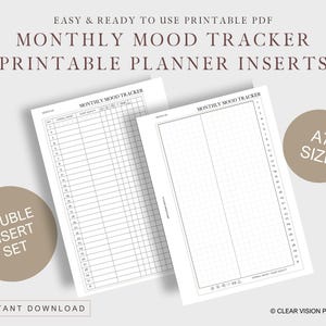 Può includere: Inserti per pianificatore di tracciamento dell'umore mensile stampabili di formato A7. Il set include due design diversi, uno con una griglia e uno con uno spazio vuoto per le note. Il testo "MONTHLY MOOD TRACKER" è stampato nella parte superiore di ogni pagina.