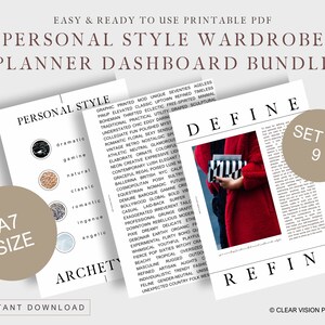 May include: Printable PDF personal style wardrobe planner dashboard bundle. The design includes pages with text such as "Personal Style" and "Define". The A7 size bundle includes a set of 9 pages. The text is in a serif font.