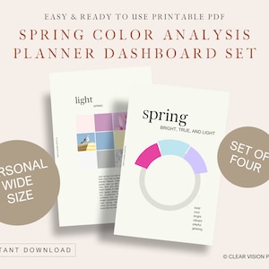 Könnte beinhalten: Druckbares PDF-Planer-Dashboard-Set für die Frühlingsfarbanalyse. Das Set enthält vier Elemente mit Farbpaletten und den Wörtern "spring" und "light". Der Text "Personal Wide Size" und "Instant Download" sind ebenfalls sichtbar.