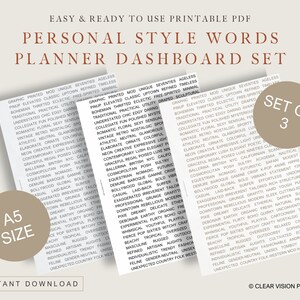 May include: Printable PDF planner dashboard set with personal style words. The set includes three A5-sized pages with words like "bohemian," "eclectic," and "vintage" in a minimalist design. Instant download.