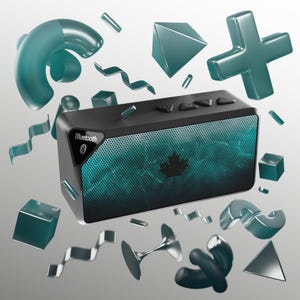 Può includere: Un altoparlante Bluetooth nero e verde acqua con un design a foglia d'acero. L'altoparlante ha una parte anteriore a rete e pulsanti di controllo sulla parte superiore. Forme geometriche e nastri verde acqua circondano l'altoparlante.