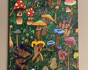 Original Double Sided SIGNED Mushroom Art - Funky "Shroomsity" Painting & Mushroom Characters - Art by Cori
