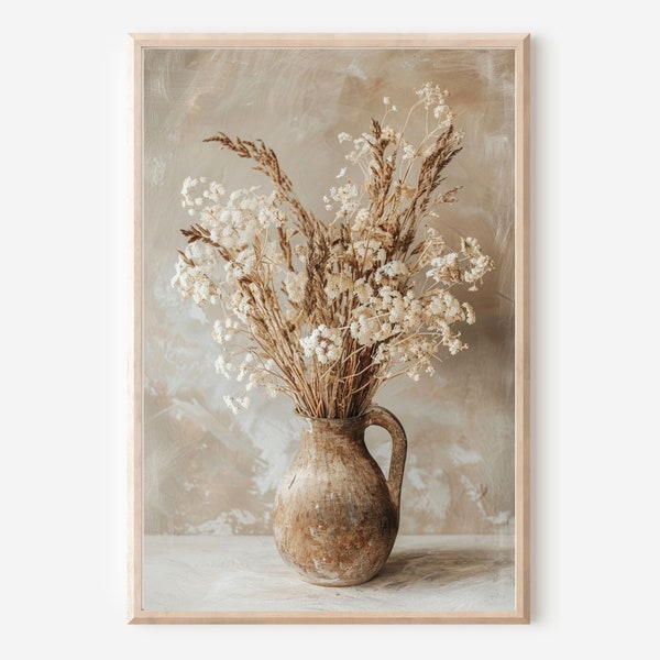 Dried Prairie Wildflowers in Rustic Pitcher Downloadable Art Print - Boho Chic Cottage Style Flower Decor